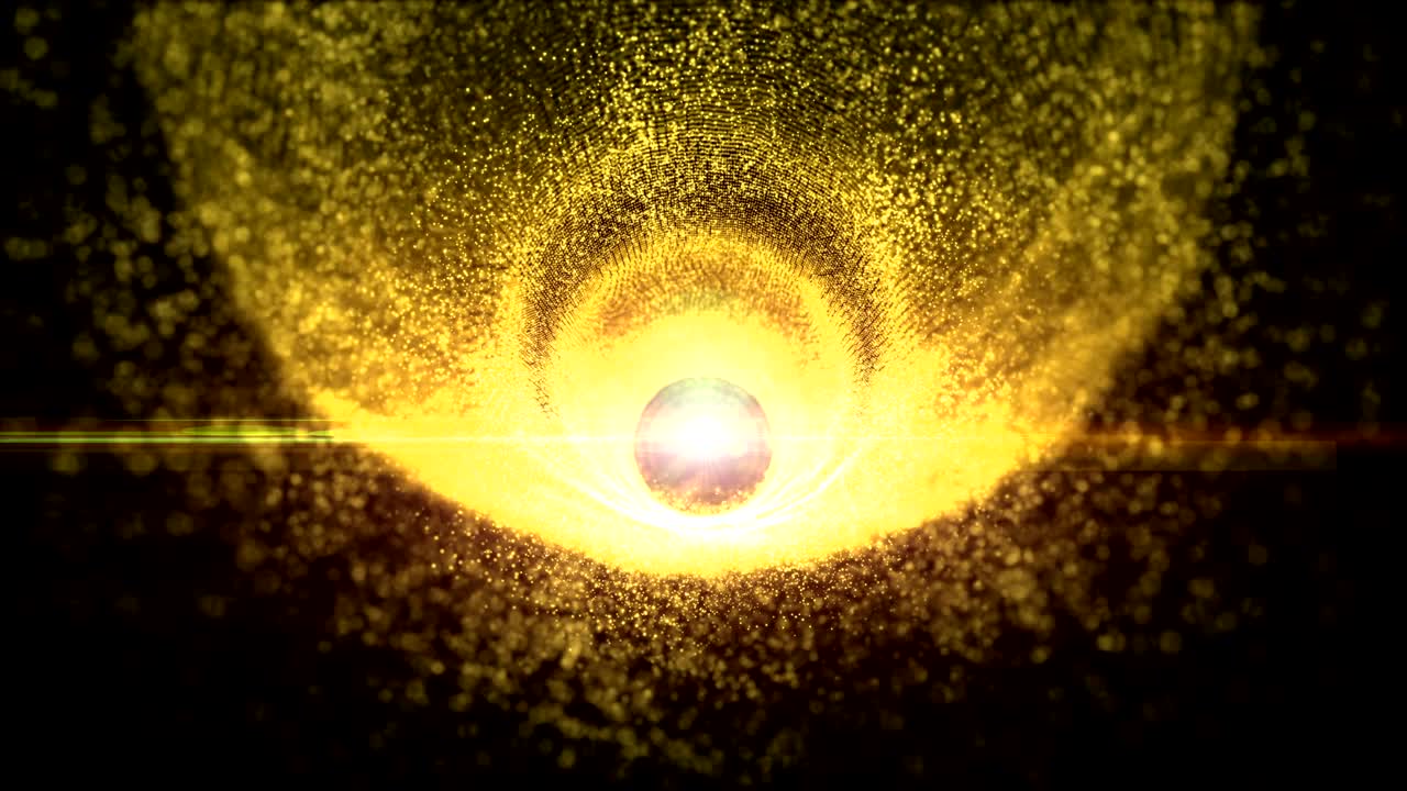 추상적인 움직임, 황금색 배경, 반이는 불빛, 입자 같은 불꽃, 원활한 루프