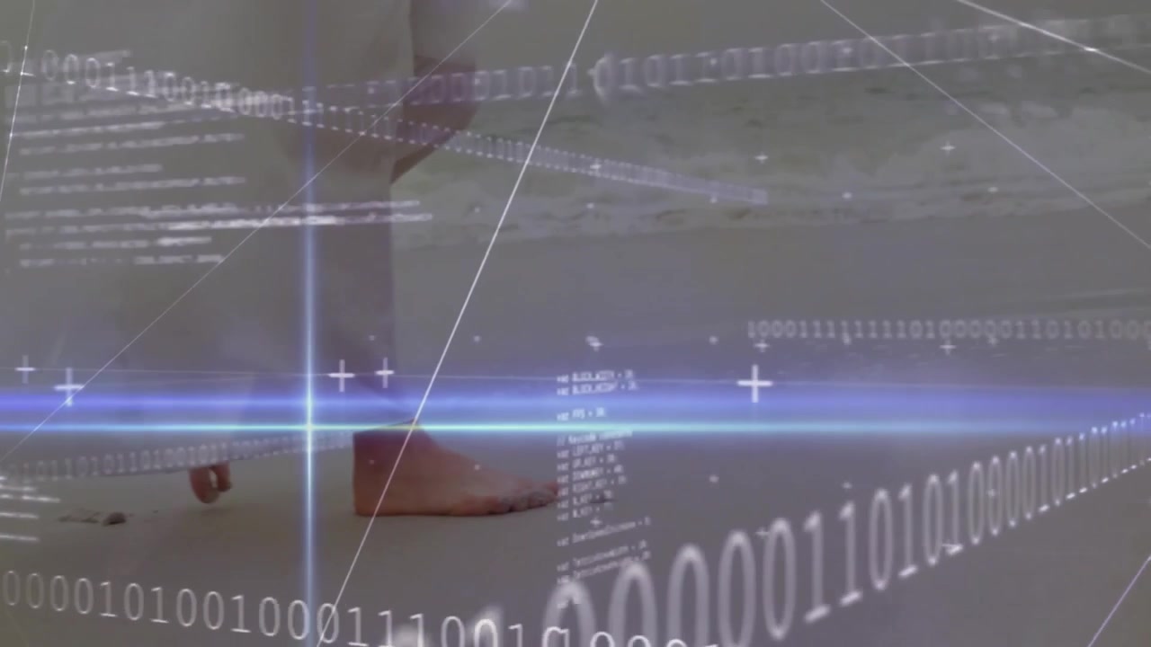 Bare feet standing on wet sand while binary code streaming across glowing holographic shoreline