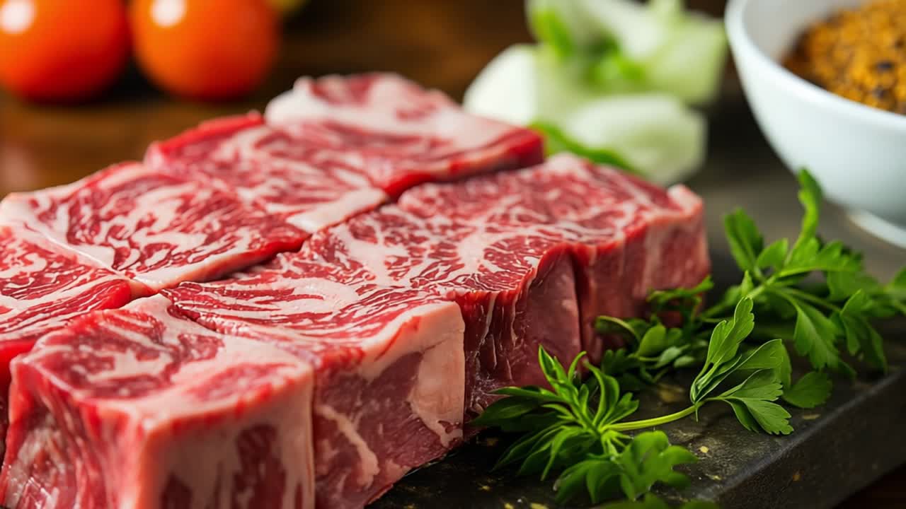 Freshly cut beef cubes, seasoned with vibrant parsley, resting on a wooden cutting board, accompanied by ripe tomatoes and onions in the background, ready for culinary preparation