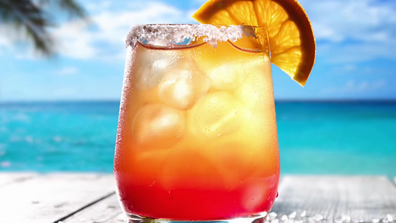 Vivace cocktail estivo con bordo salato su una spiaggia tropicale