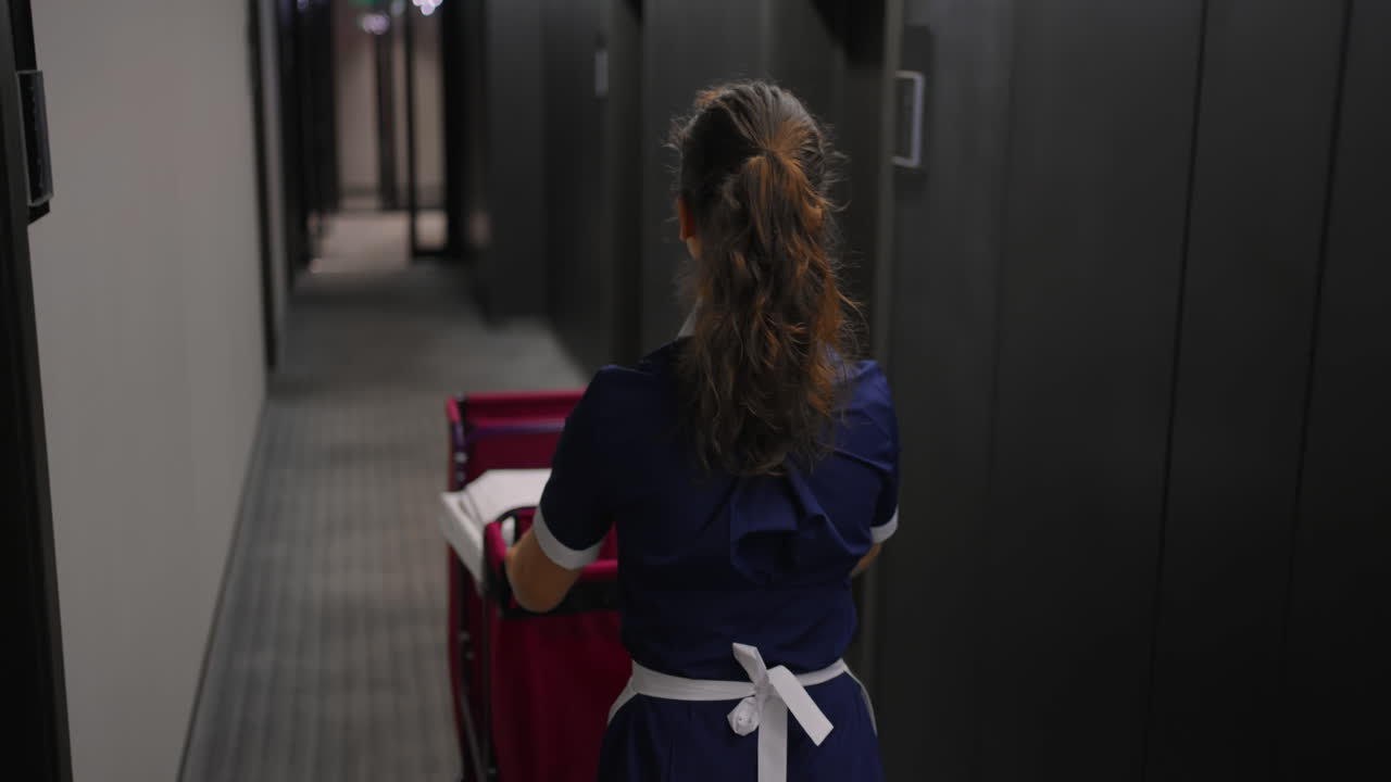 호텔 하녀가 청소 카트를 밀고 있다