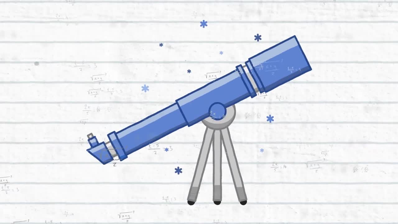 animación digital del icono del telescopio contra ecuaciones matemáticas en papel de línea blanca