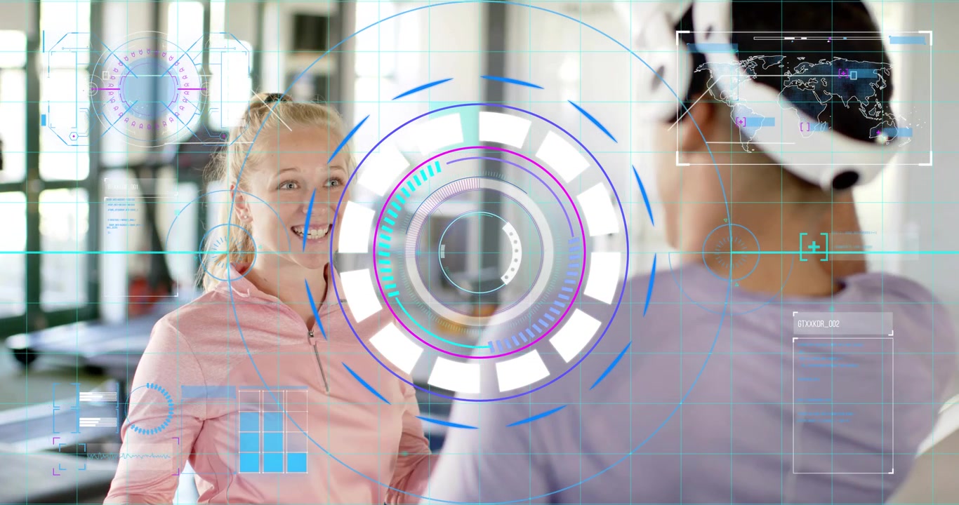 Instructor raising arms, activating circular HUD over VR headset trainee in fitness briefing