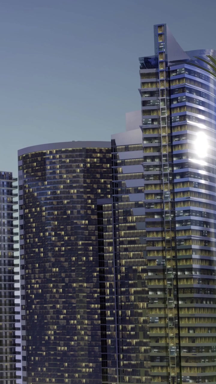 Nuovi grattacieli riflettono la luce del sole in un contesto urbano di sera