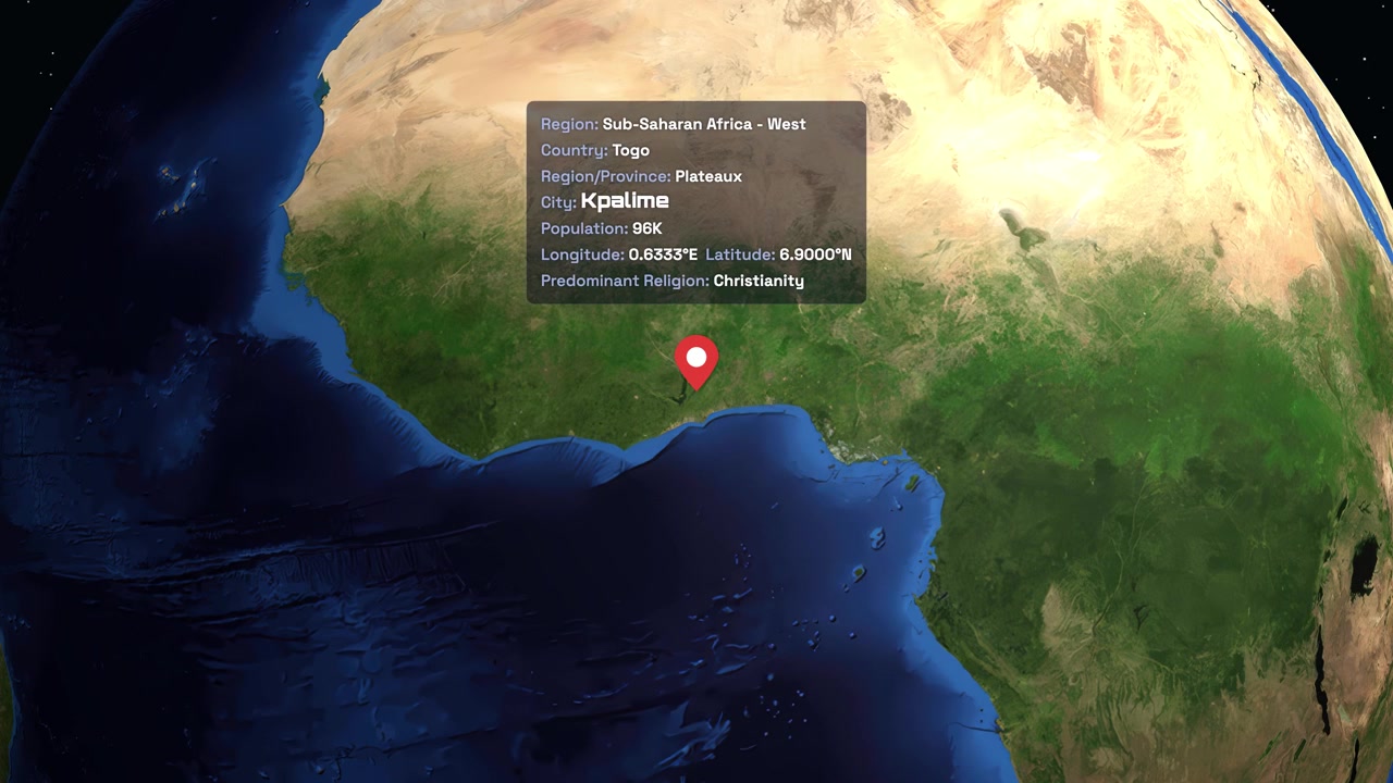 A rotating Earth zooms into West Africa, highlighting Kpalime, Togo with geographic data overlays