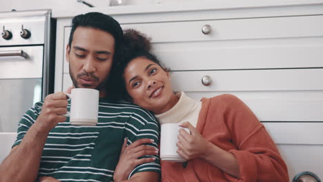 drink, coffee and portrait of couple in kitchen
