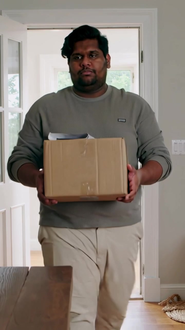 Vertical video: Entering home foyer, man carrying taped box toward table, wearing gray sweatshirt