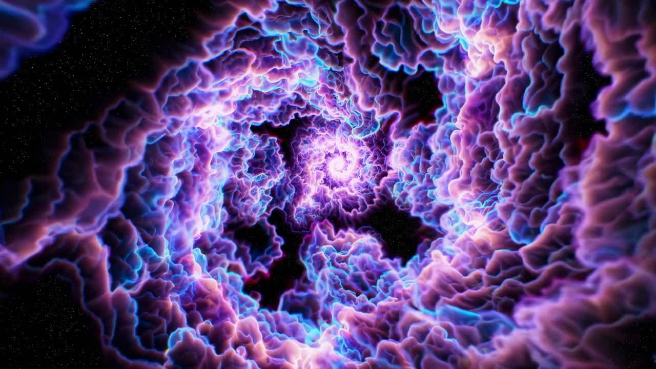 Un video ipnotico di un vortice cosmico con vivaci tonalità viola e blu, catturato dall'alto