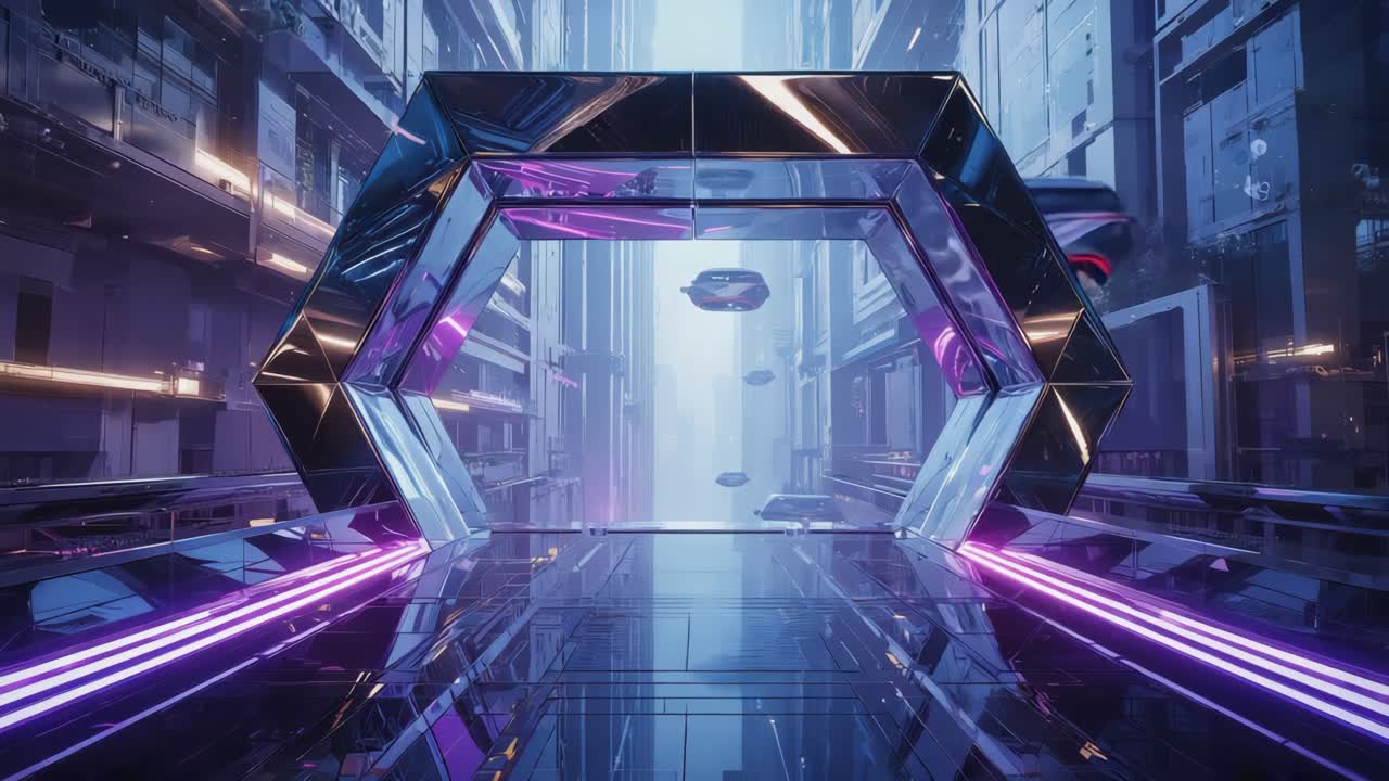 Futuristic Cityscape with Neon Hexagon and Flying Vehicles