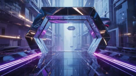 futuristic cityscape with neon hexagon and flying vehicles