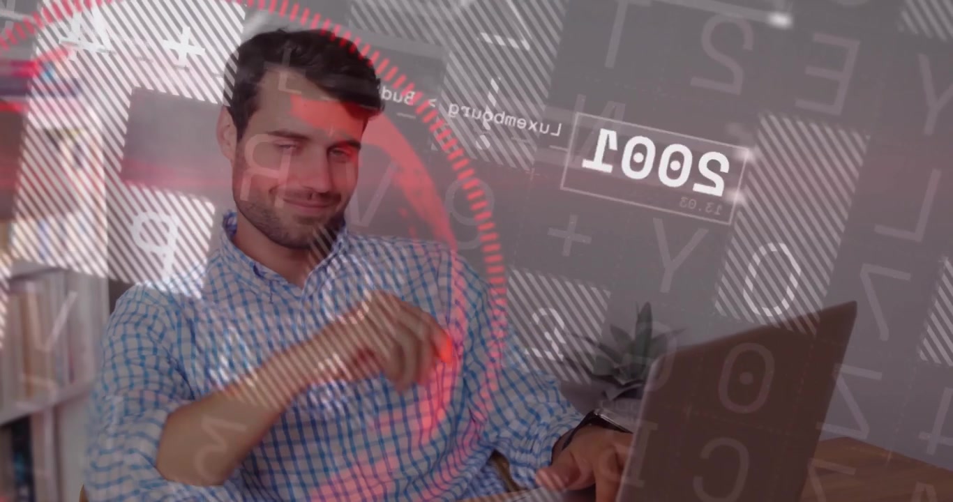 Analyst powering laptop and processing data at desk with floating codes and red UI for tech