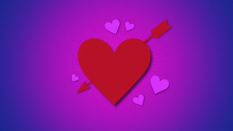 Primer-Plano-Animado-Romántico-Gran-Corazón-Rojo-Con-Flecha-Sobre-Fondo-Púrpura-Del-Día-De-San-Valentín