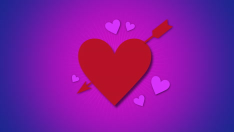 primer plano animado corazón grande rojo romántico con flecha sobre fondo púrpura del día de san valentín