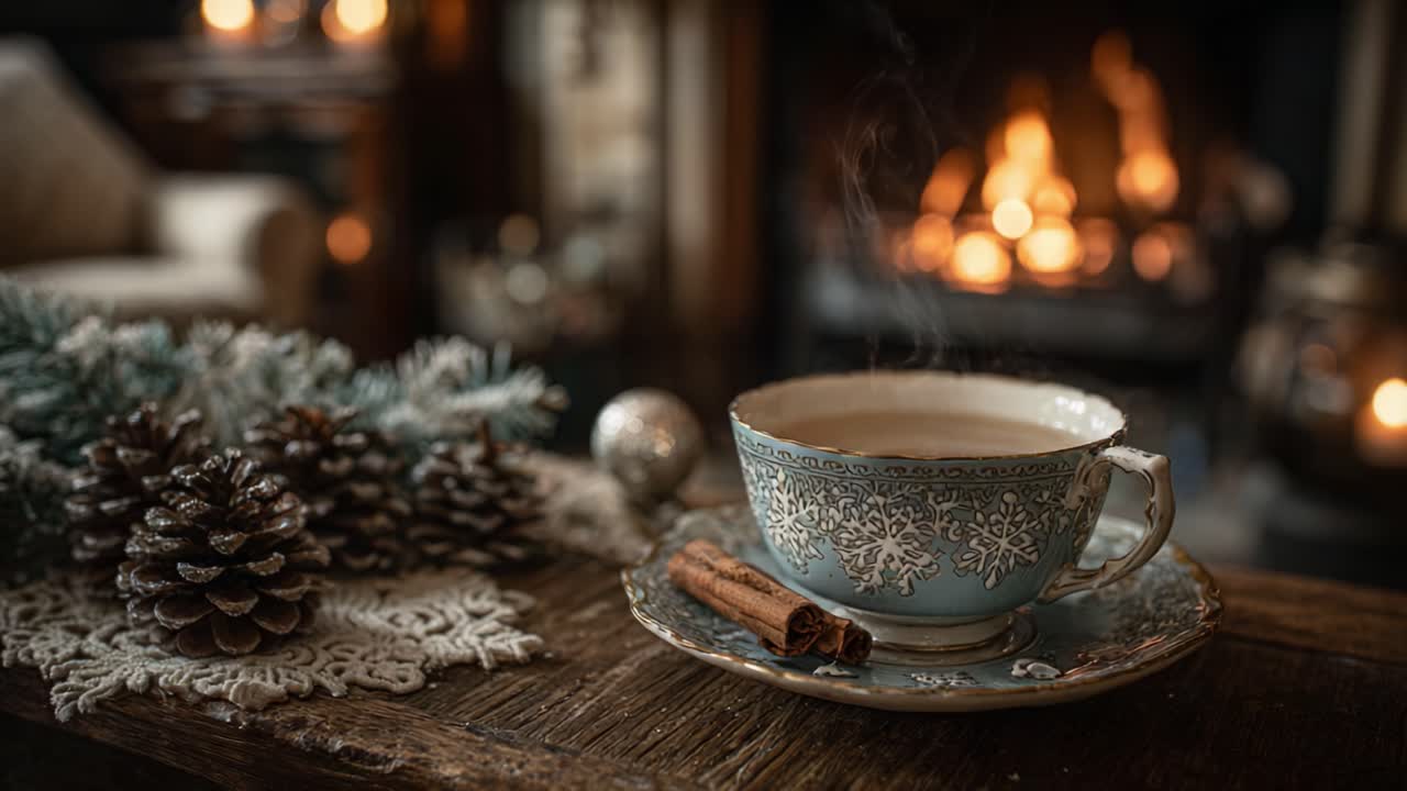 A Cozy Winter Scene Featuring a Steaming Cup of Tea Set Against a Warm Fireplace, Surrounded by Pinecones and Holiday Decor to Evoke Comfort and Relaxation