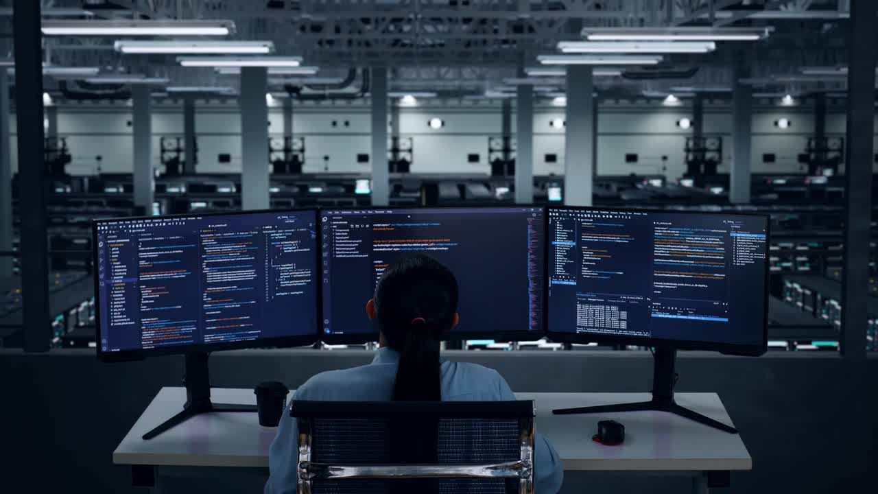 Female Programmer in Data Center Coding Late at Night