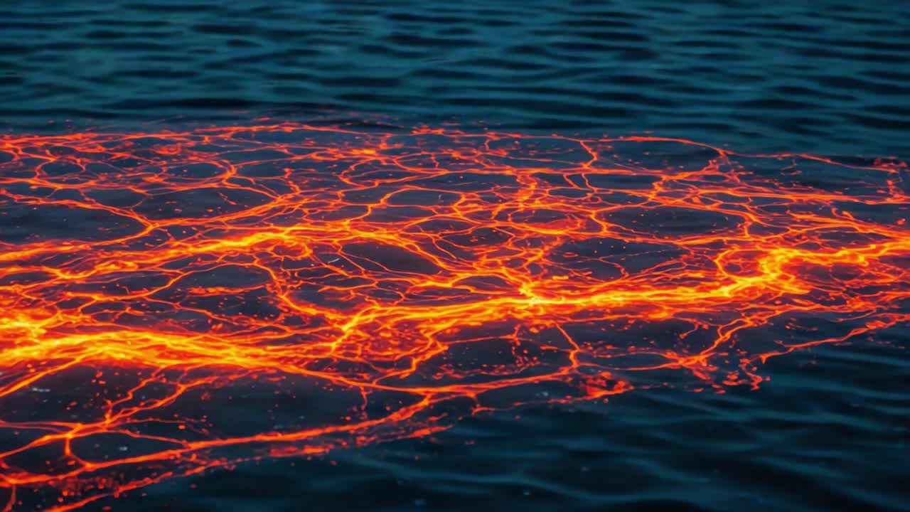 Mesmerizing Flow of Lava Over Water: A Stunning Contrast Between Fiery Red Lava and Calm Blue Waters Captured in This Breathtaking Imagery