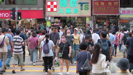 bustling street scene with pedestrians crossing in a hong kong city