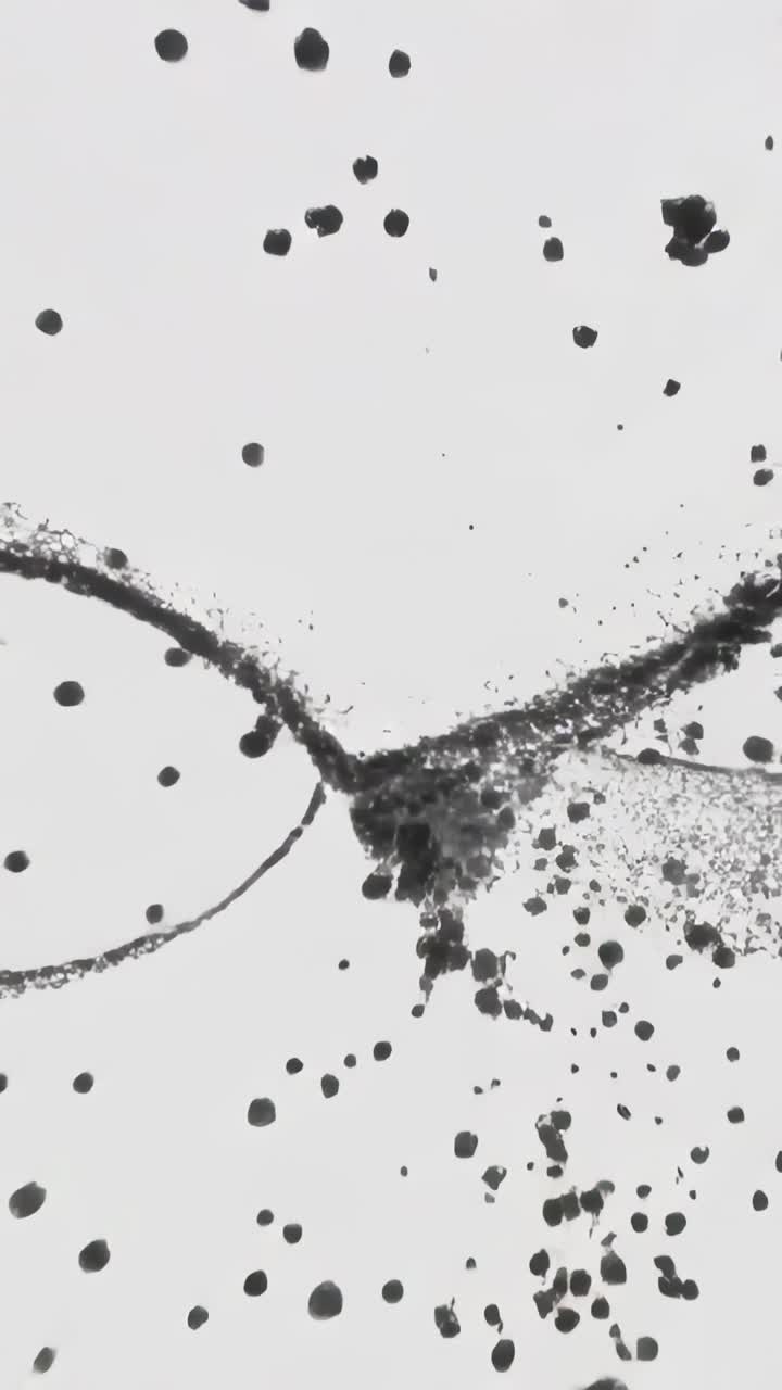 Vertical video: Colliding black ink ribbons meeting center on white backdrop, bursting into spray