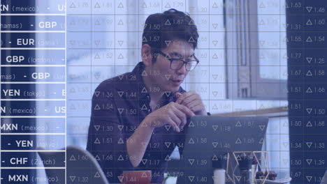 사무실에서 노트북을 사용하는 아시아 사업가에 대한 통계 데이터 처리 애니메이션