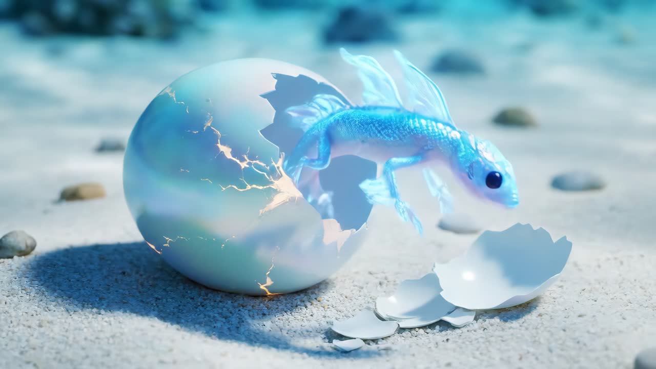 Magical iridescent egg hatching on a beach
