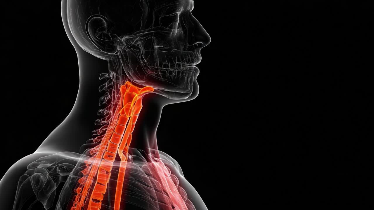 Illustrazione anatomica della struttura del collo umano che evidenzia la colonna cervicale e i muscoli associati con un focus sulla regione faringea.