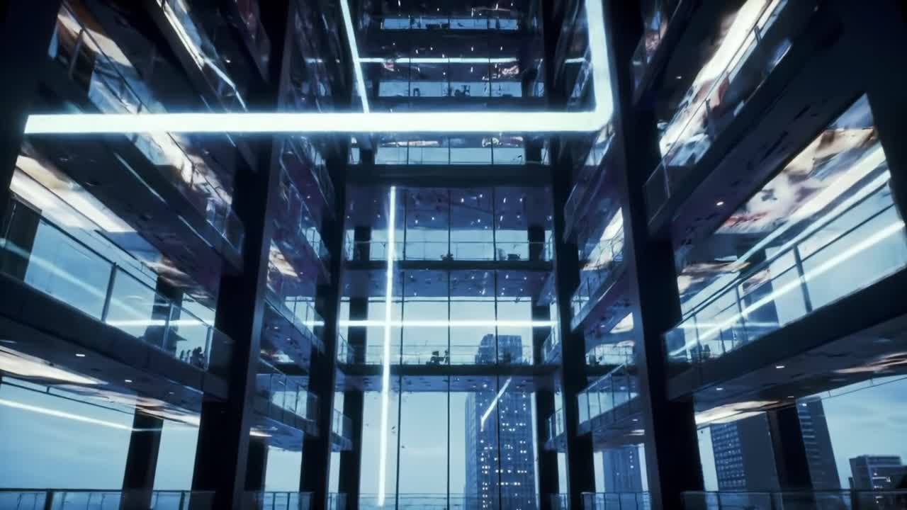 A Futuristic Atrium Bathed in LED Light: A Glimpse into Modern Architecture with Strikingly Illuminated Glass Structures and Dynamic Atmosphere