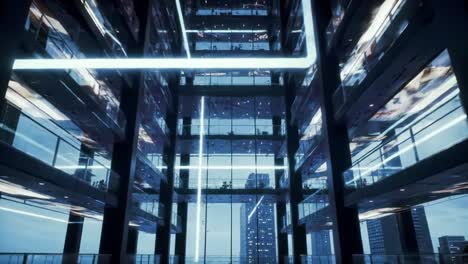 a futuristic atrium bathed in led light: a glimpse into modern architecture with strikingly illuminated glass structures and dynamic atmosphere
