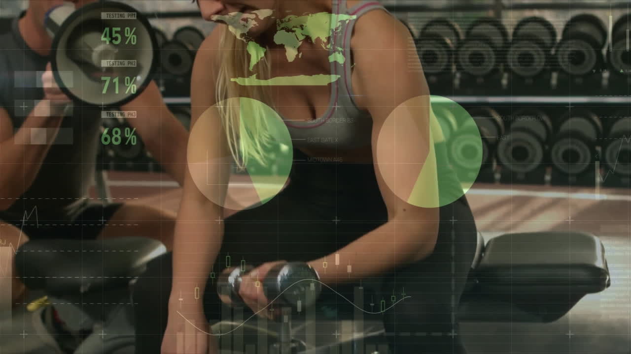 Exercising in gym, woman with fitness data analysis animation overlay