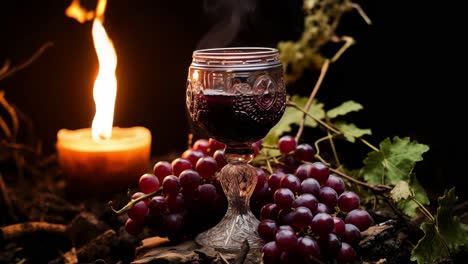 elegant red wine glass illuminated by soft candlelight, accompanied by ripe red grapes, creating intimate evening atmosphere against dark background