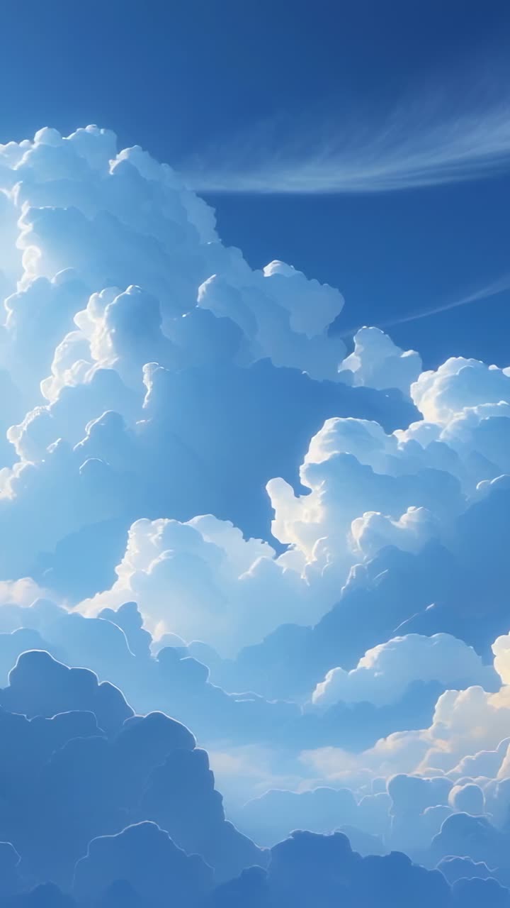 Vertical video: Starting camera capturing cumulus clouds rising into blue sky, with sunlit edges