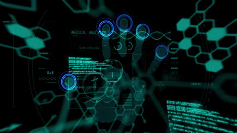 animation of dna strand spinning and data processing over biometric handprint