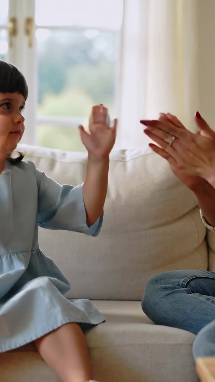 Vertical video: Raising hands adult and child clapping on sofa near window for play, child in dress