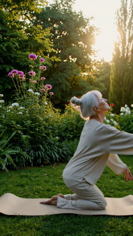 senior woman practicing yoga in a garden at sunset