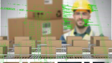 animación de procesamiento de datos y cajas en cinta transportadora sobre trabajador masculino caucásico en un almacén