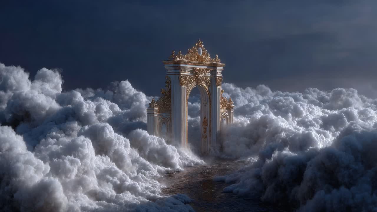 A Majestic Golden Archway Rising Above a Sea of Enveloping Clouds, Creating a Dreamlike Scene of Enchantment and Mystery in the Realm of the Imagination