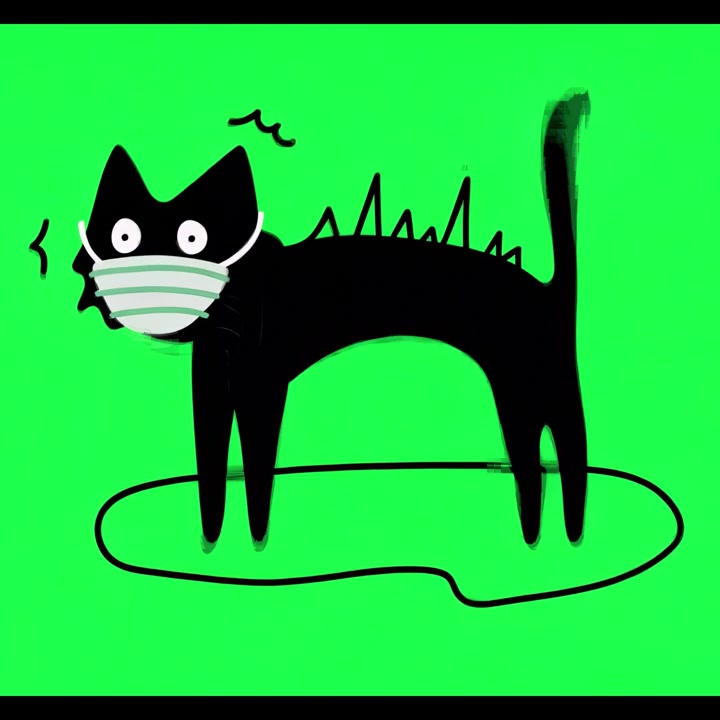 Gato Preto Animado Usando Máscara Facial em Fundo Verde