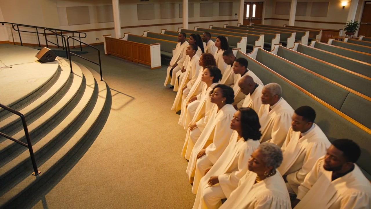 Singing choir in cream robes at chancel during worship, bowing, sitting near mic stands, copy space