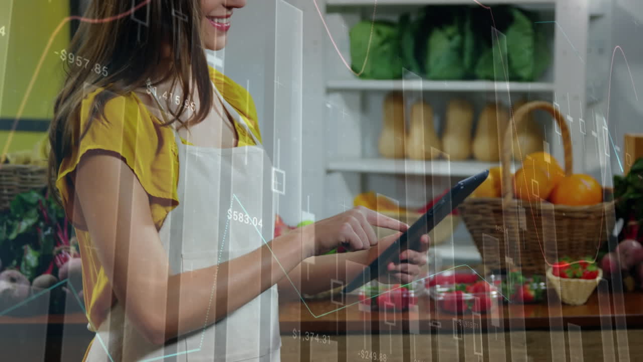 animación del procesamiento de datos financieros sobre las mujeres caucásicas que compran y usan tabletas.