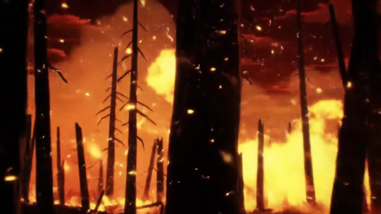 Forest Fire Engulfs Area as Smoke and Flames Rise Against a Darkening Sky at Sunset