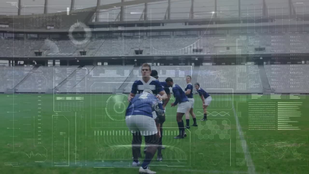 스포츠 경기장에서의 럭비 경기에 대한 데이터 처리 애니메이션