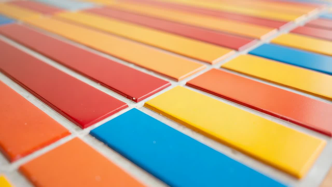 Adjusting camera slowly sweeping focus and pushing in across glossy multicolor ceramic tile grid