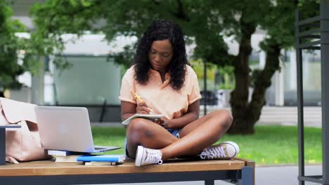 Afrikanische-Studentin-Mit-Laptop-Und-Büchern-In-Der-Stadt