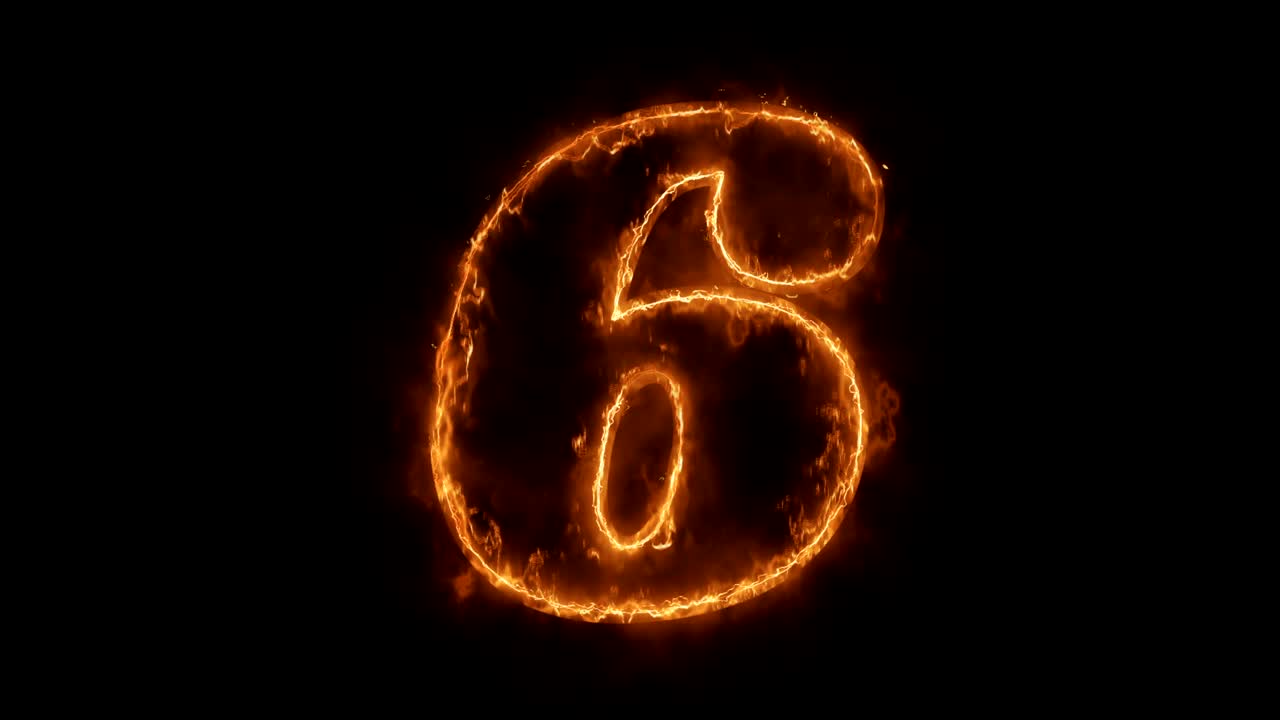 numero 6 parola animata calda che brucia un ciclo di fiamme di fuoco realistico.