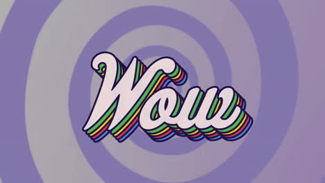 animation of rainbow wow text over purple pattern background