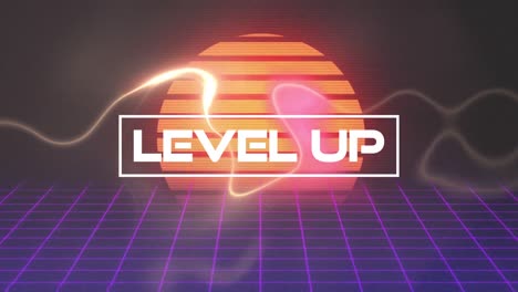 Animation-of-level-up-text-over-digital-sun-on-black-background