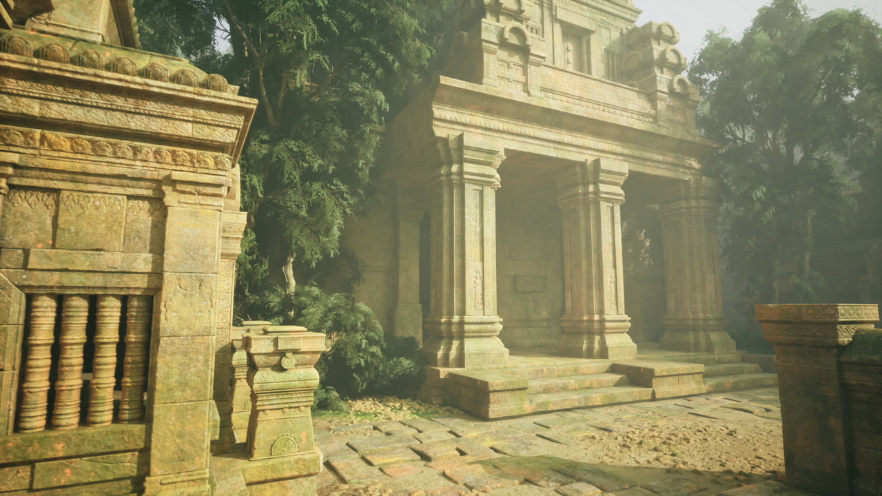 Serene archaeological religious site nestled among lush trees