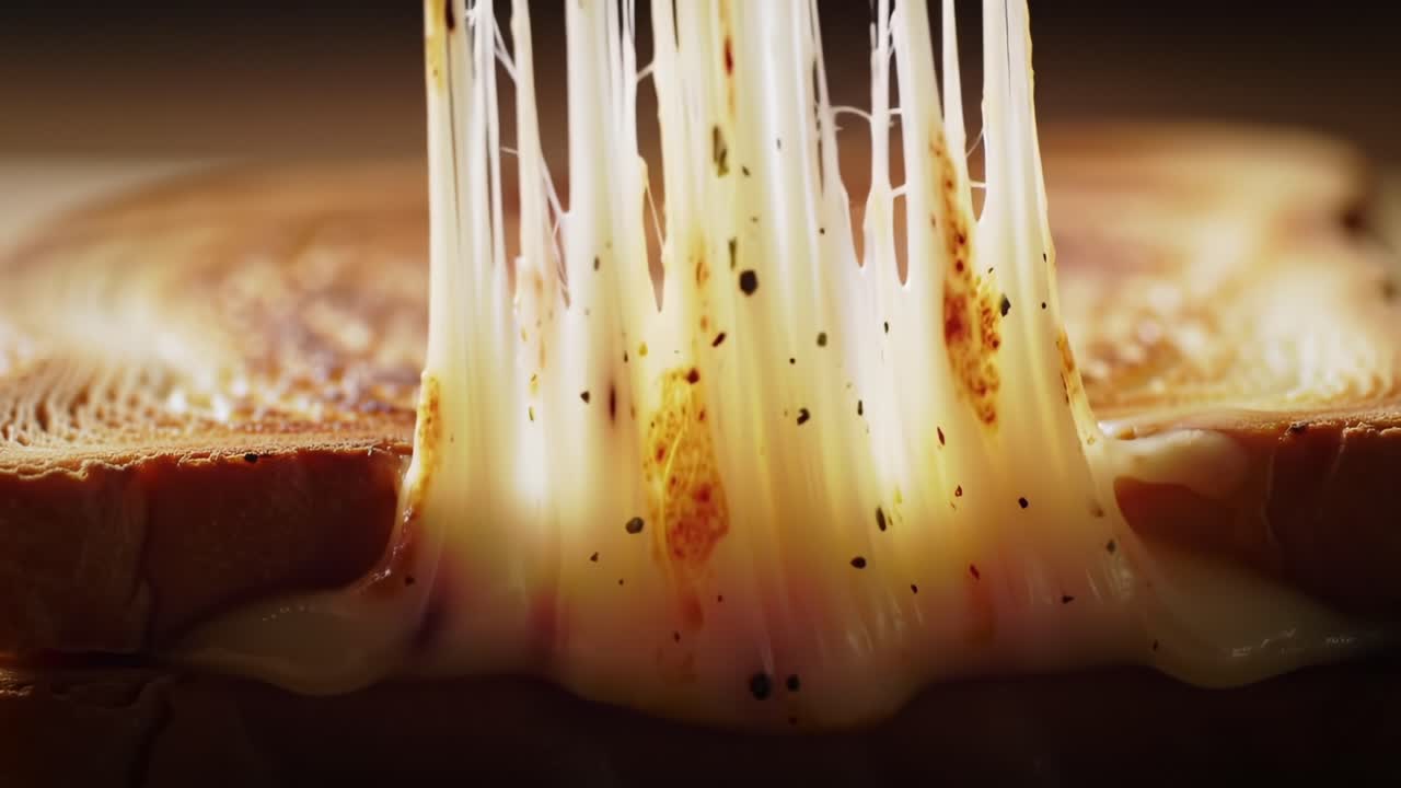 Captivating Close-up of Stretching Melted Cheese Over Crispy Toast: A Satisfying Culinary Experience Showcasing Rich Texture and Flavor