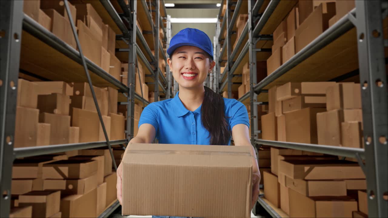 mensajera asiática en uniforme azul mostrando un cartón a la cámara y sonriendo mientras lo entrega en el almacén