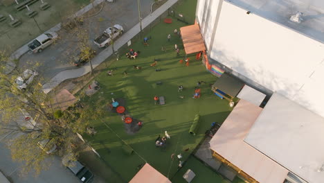 Aerial-flyover-of-a-dog-park-in-downtown-Chattanooga,-Tennessee