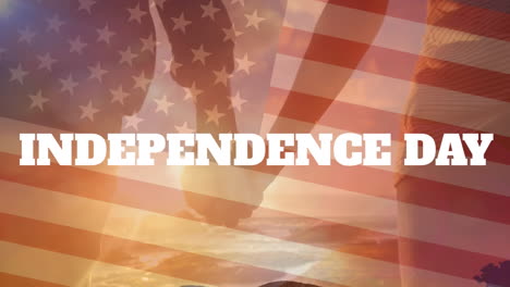 animation of independence day text, flag of america, caucasian couple holding hands at beach